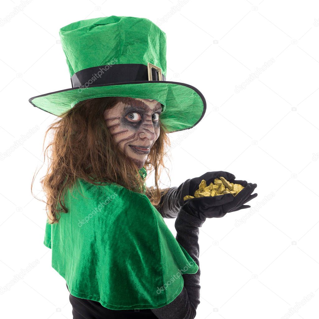 a Leprechaun girl holding a gold treasure, concept st patricks day and ireland