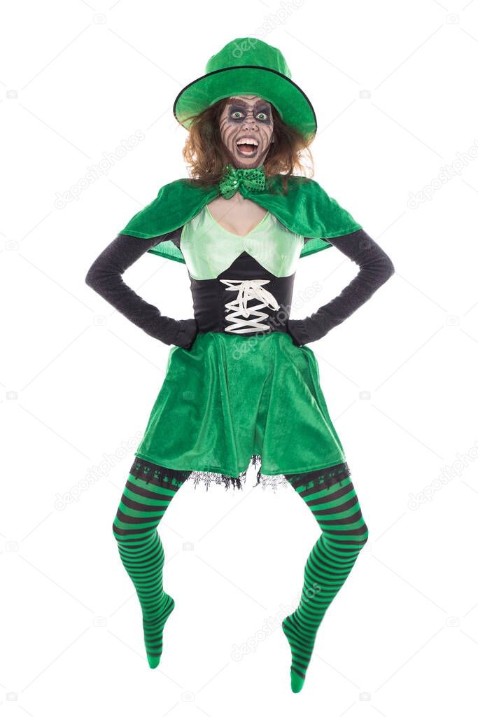 funny jumping Leprechaun girl, isolated on white, concept st Patricks Day