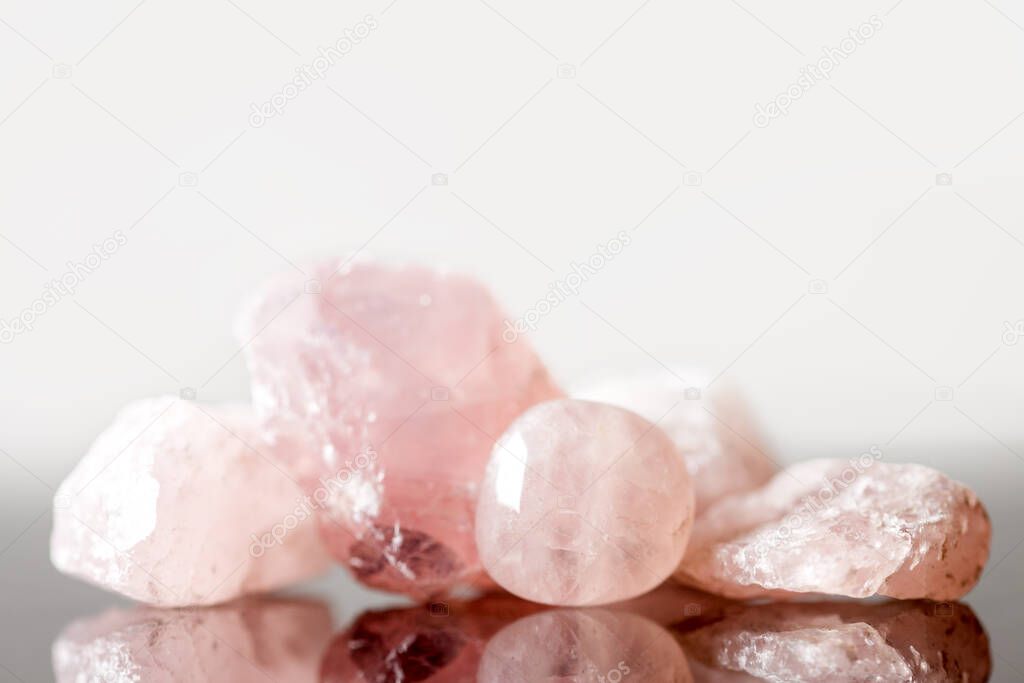 Rose quartz uncut and polished, crystal healing for love and heart, reflections