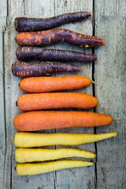 Sıraya dizilmiş bir masada çeşitli havuçlar.