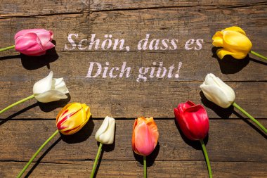 Kırsal ahşap masadaki laleler Almanca sözcüklerle dolu. Orada olman harika.