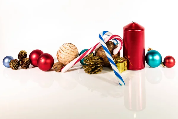 Panorama Blue Red Christmas Decoration White Background — Stock Photo, Image