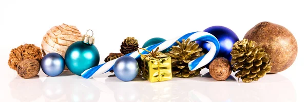 Panorama Con Decoración Azul Navidad Sobre Fondo Blanco — Foto de Stock