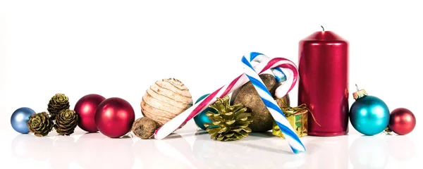 Panorama Con Decoración Navidad Azul Roja Sobre Fondo Blanco — Foto de Stock