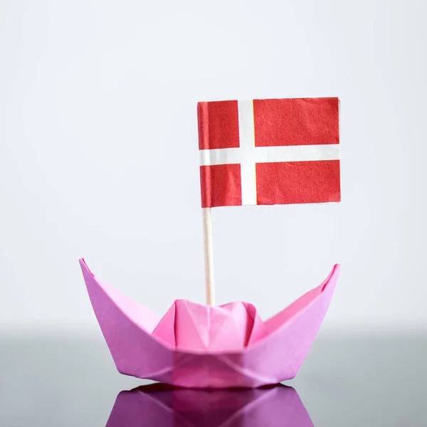 Paper Ship Danish Flag Concept Shipment Free Trade Agreement — Stock Photo, Image