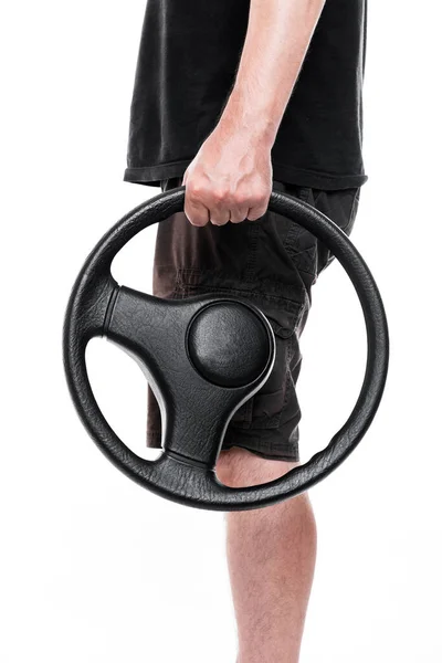 Man Steering Wheel Standing Front White Sideview — Stock Photo, Image