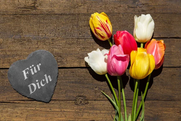 Bouquet Tulips Wooden Table Slate German Words You Concept Love — Stock Photo, Image