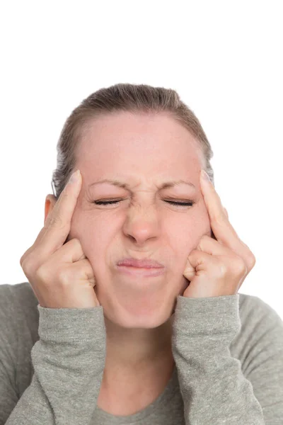 Mulher Jovem Com Enxaqueca Dor Cabeça Sintomas Isolado Branco — Fotografia de Stock