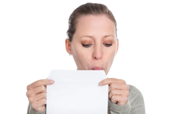 Young Woman Holding Licking White Envelope Isolated White — Stock Photo, Image