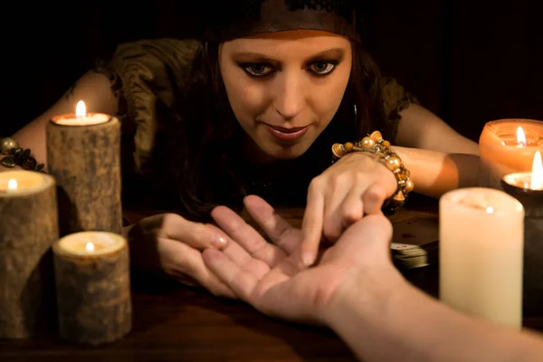 Female Fortune Teller Reading Lifeline Heart Line Concept Palmistry — Stock Photo, Image