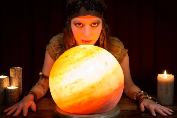Young Pretty Fortune Teller Shining Crystal Ball Candles Concept Future — Stock Photo, Image