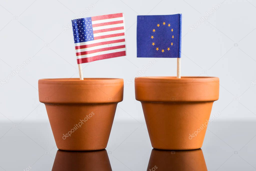 plant pot with european and usa flag, concept population increase, FTA or nato