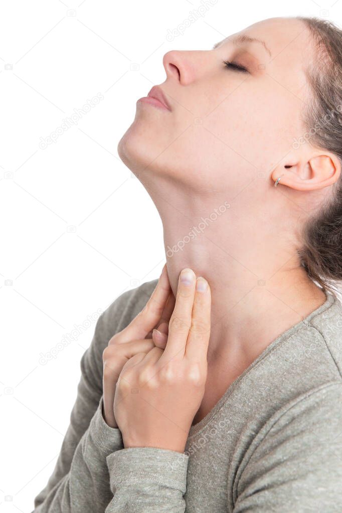young woman sweeping the laryngeal, laryngitis, goiter or hypothyreosis, isolated on white