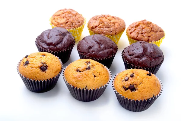 Assorted Delicious Homemade Cupcakes Raisins Chocolate Isolated White Background Muffins — Stock Photo, Image