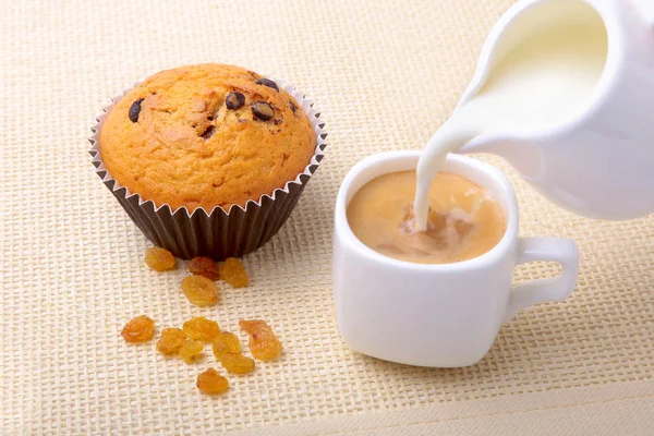 Perfect Ontbijt Met Heerlijke Zelfgemaakte Cupcakes Met Rozijnen Chocolade Chips — Stockfoto