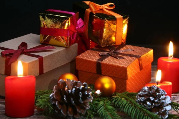 Christmas Balls Gift Boxes Candles New Year Tree Balls Decoration — Stock Photo, Image