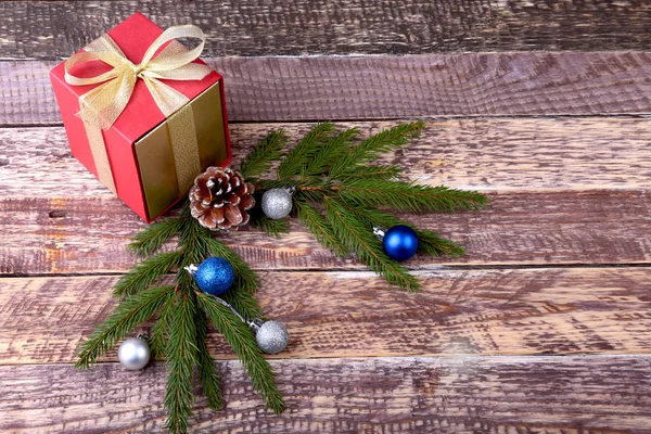 Bolas Navidad Cajas Regalo Sobre Fondo Madera Árbol Año Nuevo — Foto de Stock