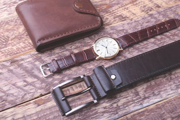 Set Men Accessories Business Leather Belt Wallet Watch Smoking Pipe — Stock Photo, Image