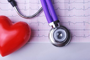 RX reçeteli, kırmızı kalp ve beyaz arka plan üzerinde izole bir stetoskop