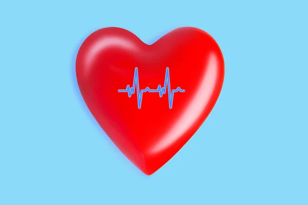 healthcare and medicine concept. close up of red heart with ecg line on blue background.