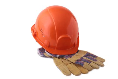 Turuncu baret, emniyet eldiven beyaz arka plan üzerinde. Güvenlik kask.