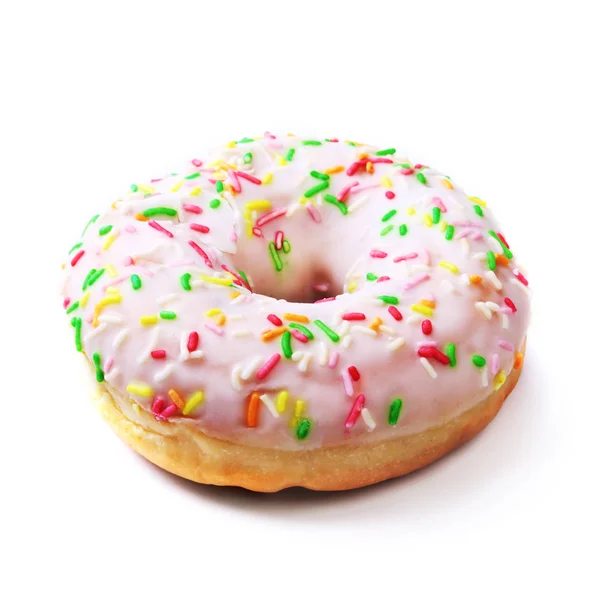 Verschiedene köstliche hausgemachte Donuts in der Glasur, bunte Streusel und Nüsse isoliert auf weißem Hintergrund. Stockbild