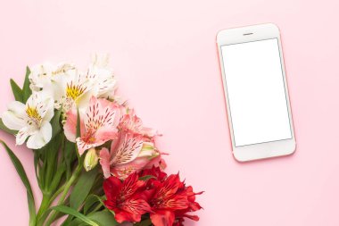 Pembe arka plan görünümlü cep telefonu ve beyaz ve pembe çiçek Alstroemeria