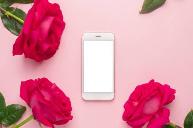 Cep telefonu ve pembe arka plan manzaralı koyu pembe gül.