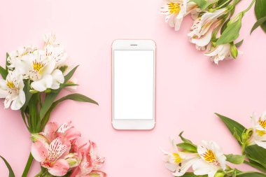 Cep telefonu ve beyaz çiçekler Pembe arka plan görünümlü Alstroemeria