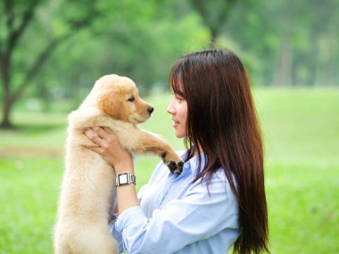 Güzel genç Asyalı kadın ile şirin golden retriever köpek parkta oynarken.