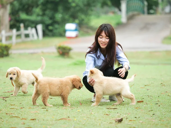 Güzel Genç Asyalı Kadın Ile Şirin Golden Retriever Köpek Parkta — Stok fotoğraf