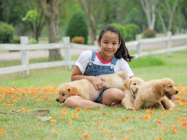 Ázsiai Kislány Egy Aranyos Golden Retriever Kutyák Parkban Játszó — Stock Fotó