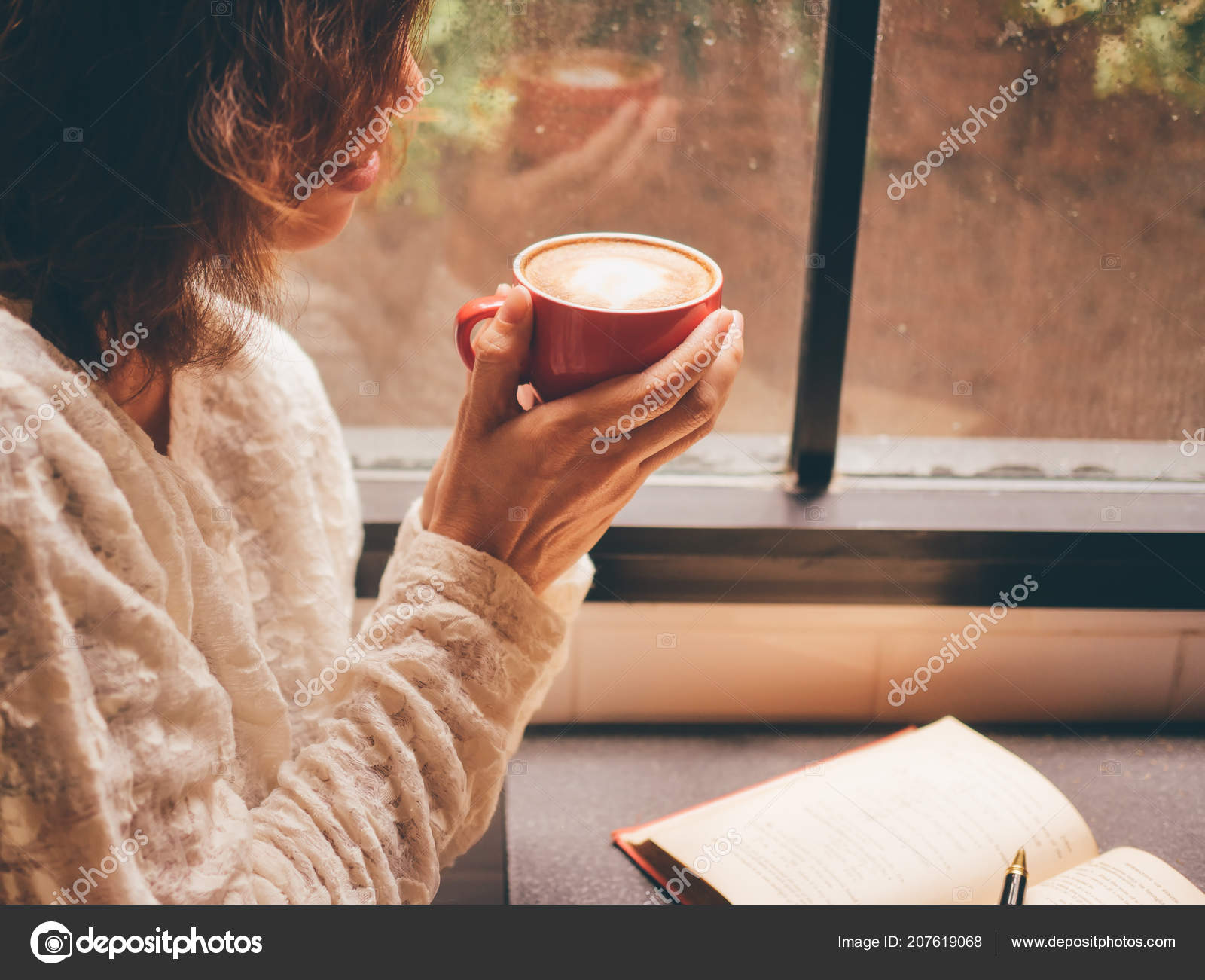 Woman Holding Coffee Cup Looking Window Rainy Day Stock Photo By C Chayathon