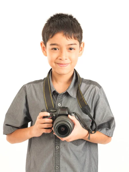 Asian boy with DSLR camera on white background — Stock Photo, Image
