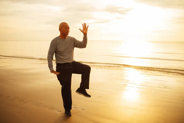 Ásia sênior idade homem prática tai chi e ioga pose no o praia — Fotografia de Stock