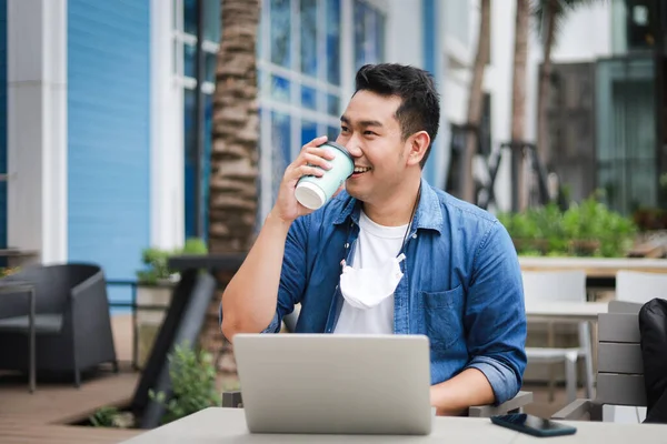 Young Asian Man Blue Shirt Working Laptop Coffee Shop Cafe — Stock Photo, Image