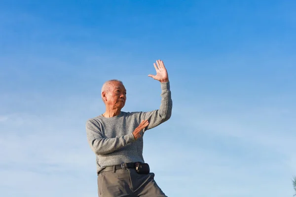 Asian Senior Old Man Practice Taichi Chinese Kungfu Beach Royalty Free Stock Images