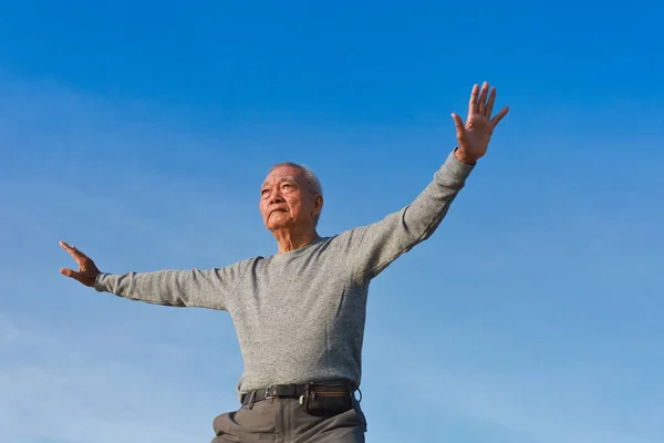 Aziatisch Senior Oude Man Praktijk Taichi Chinees Kungfu Het Strand Stockfoto