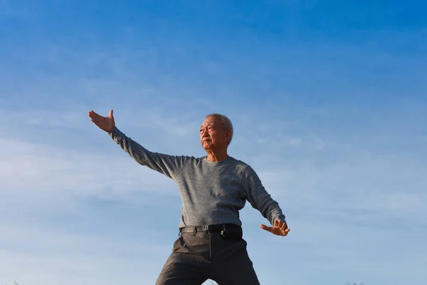 Asiatiska Äldre Gubben Tränar Taichi Kinesiska Kungfu Stranden Stockbild