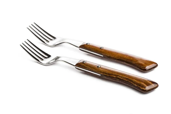 Two Canteens Fork Wooden Handles Isolated White Background — Stock Photo, Image