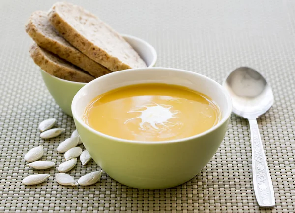 Bowl of pumpkin soup with bread — Stock Image Bowl Pumpkin Soup Bread Stock Photo