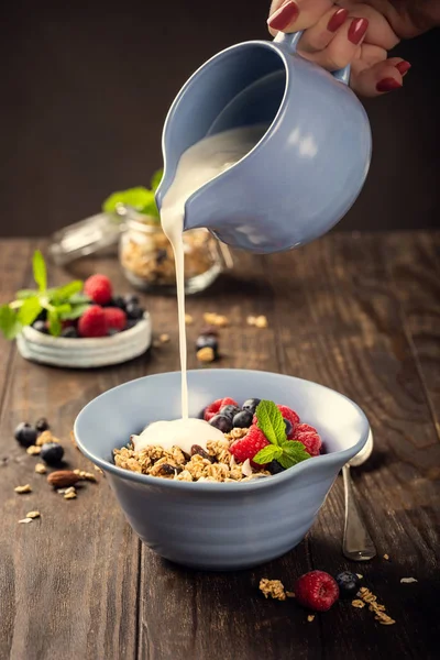 Вівсяна гранола з ягодами та йогуртом — стокове фото