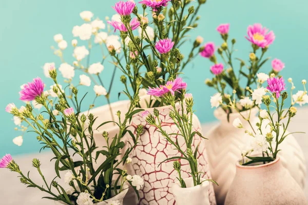 Çeşitli Beyaz Pembe Çiçekler Işık Arka Plan Üzerinde Çeşitli Vazolar — Stok fotoğraf