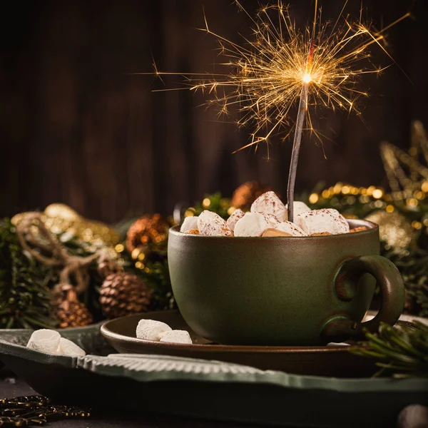 Christmas greeting card with hot chocolate milk — Stock Photo, Image