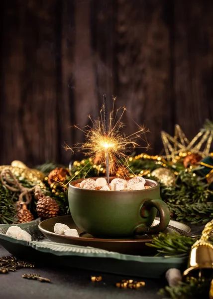 Christmas greeting card with hot chocolate milk — Stock Photo, Image