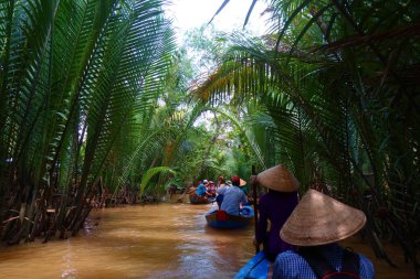Ho Chi minh city çamurlu lotus alanı Mekong Deltası'nda sel üzerinde tanımlanamayan craftman ve balıkçı kürekli tekneler ile Mekong Nehri Deltası orman turist gezisi