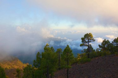 Manzara hiking Trail Gr131 Ruta de los Volcanes sırasında günbatımı, La Palma Adası