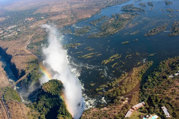Zambia Cascate Vittoria Fiume Sambesi Veduta Aerea Elicottero Con Arcobaleno — Foto Stock