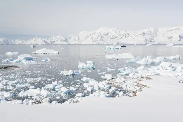 Antarktyda Widok Statku Wyprawy Wśród Lodowców — Zdjęcie stockowe
