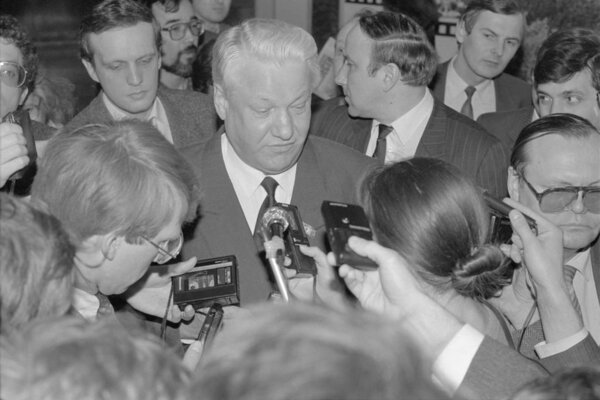 Moscow, Russia - March 28, 1991: Chairman of the Presidium of the Supreme Soviet of the Russian SFSR Boris Nikolayevich Yeltsin talks to correspondents at 3d extraordinary Congress of people's deputies of russian RSFSR.